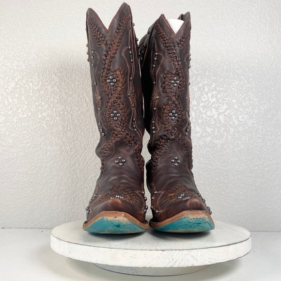 Lane COSSETTE Cowgirl Western Boots 10 Brown Leather Mid Calf Cowboy Snip Toe - Picture 5 of 10